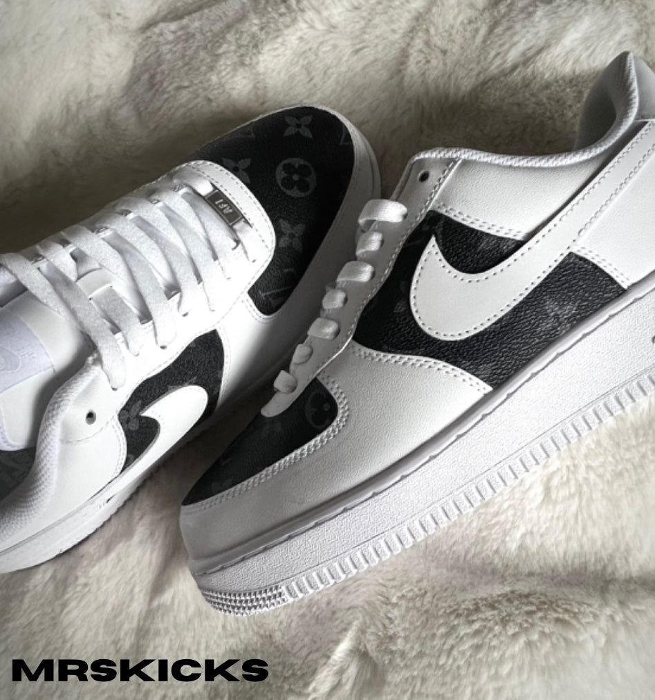 Custom black Lv Airforce 1 , Af1 customisation , personalised shoes, mrskicks , custom airforces , AF1 custom , black and grey Lv airforce 1 , Lv custom shoes, custom sneakers, customised shoes , personalised trainers , bespoke shoes , branded sneakers , customized shoes , create your own shoes 