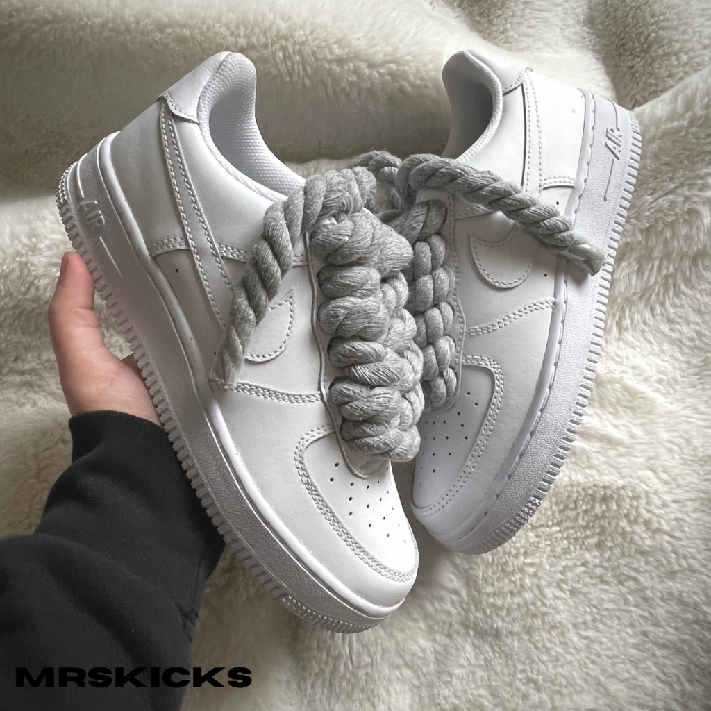 Custom Grey airforce 1 rope laces , rope shoe lace airforce 1 , Af1 custom , custom nike shoes , custom kicks , personalised trainers , mrskicks , custom shoes , custom trainers , personalised footwear, customized airforce 1 , shoe painter 