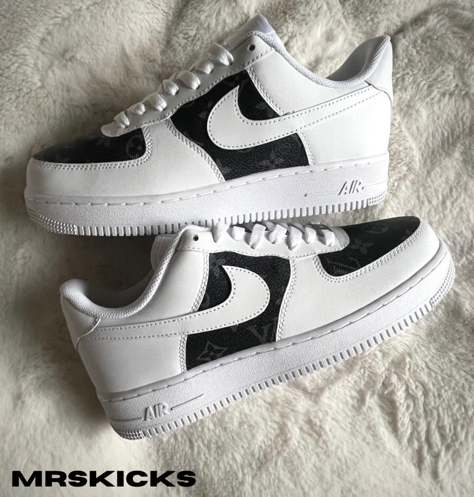 Custom black Lv Airforce 1 , Af1 customisation , personalised shoes, mrskicks , custom airforces , AF1 custom , black and grey Lv airforce 1 , Lv custom shoes, custom sneakers, customised shoes , personalised trainers , bespoke shoes , branded sneakers , customized shoes , create your own shoes 
