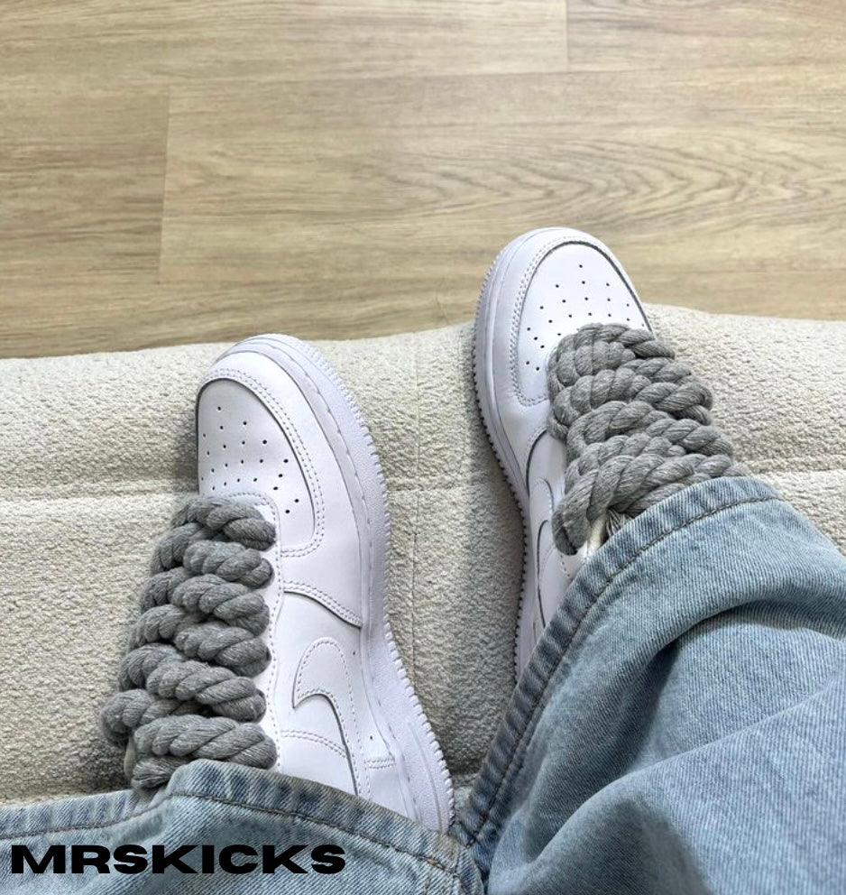 Custom Grey airforce 1 rope laces , rope shoe lace airforce 1 , Af1 custom , custom nike shoes , custom kicks , personalised trainers , mrskicks , custom shoes 