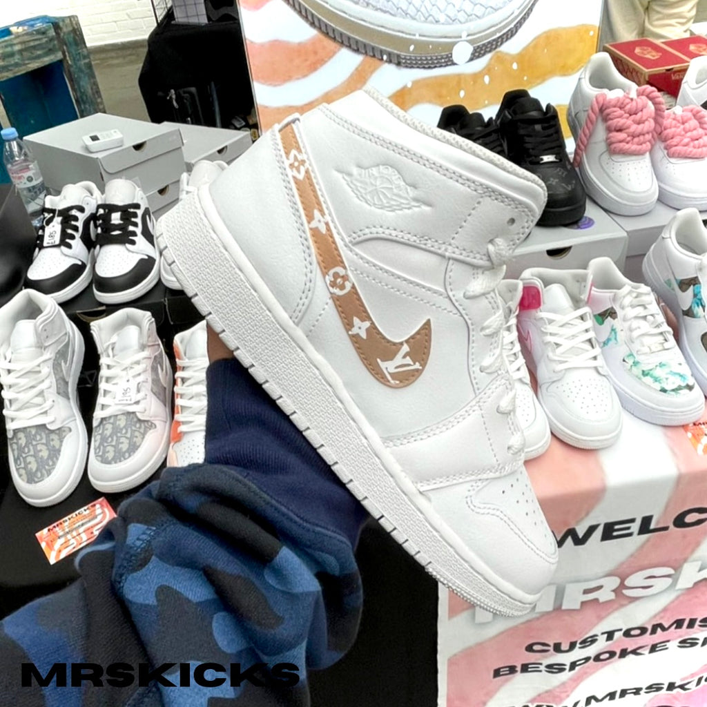 custom Lv jordan 1 , custom jordans , latte jordan 1 , cream jordan 1 custom , air jordan customs , customised jordan 1 , bespoke shoes, mrskicks, personalised jordan 1 mid , personalised air jordan 1s , customised trainers 