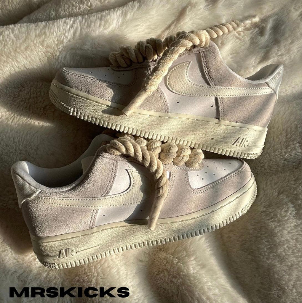 custom cream rope airforce 1, beige airforce 1 custom, thicc lace rope shoe laces, ropelace airforce 1 , rope af1 customs , custom nike shoes, custom shoes, customiser , sneaker customiser , mrskicks, design your own shoes, design sneakers , shoe design , rope shoes , suede airforces 