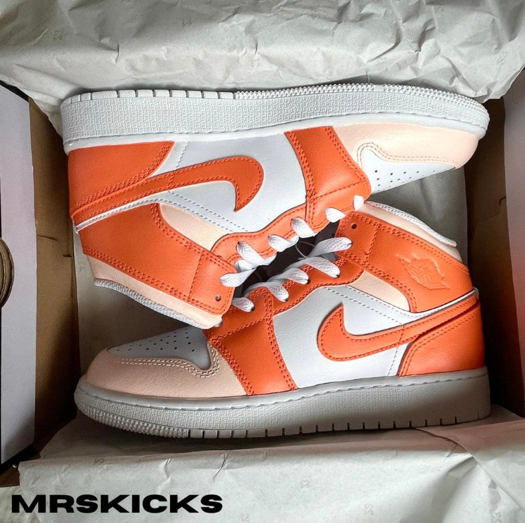 custom orange jordan 1 , Jordan 1 mid customs , shoe design, orange jordans , custom sneakers , custom shoes, custom kicks, pumpkin latte jordan 1 , latte jordan 1 customs, painted shoes, customised sneakers, shoe customiser , nike customs , design your own shoes, design your own jordans , jordan 1 custom , personalised trainers 