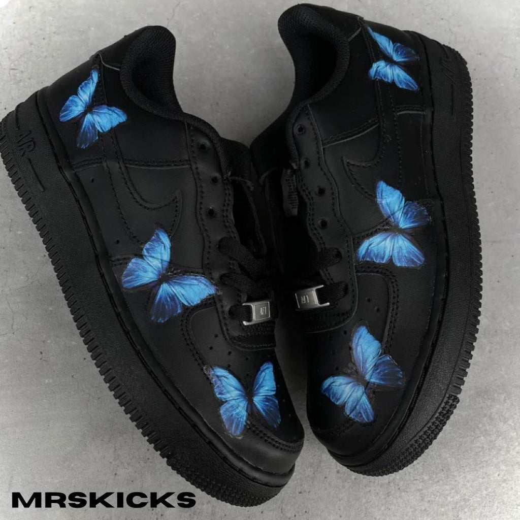 custom airforce 1 with butterflys , butterfly af1 custom , customized shoes , personalised trainers , black airforce 1 , butterfly af1, blue butterfly airforce 1 custom, personalised shoes, design your own custom sneakers , mrskicks , bespoke trainers