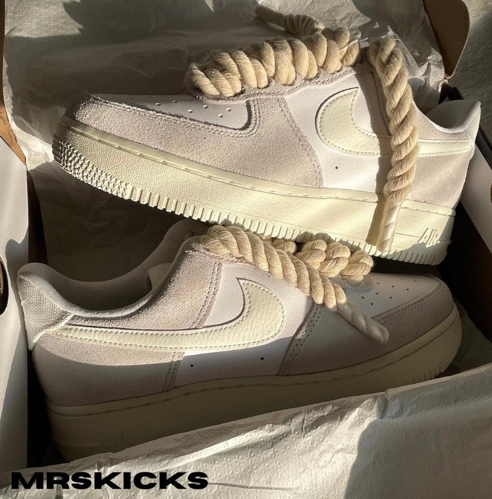 custom cream rope airforce 1, beige airforce 1 custom, thicc lace rope shoe laces, ropelace airforce 1 , rope af1 customs , custom nike shoes, custom shoes, customiser , sneaker customiser , mrskicks, design your own shoes, design sneakers , shoe design , rope shoes , suede airforces