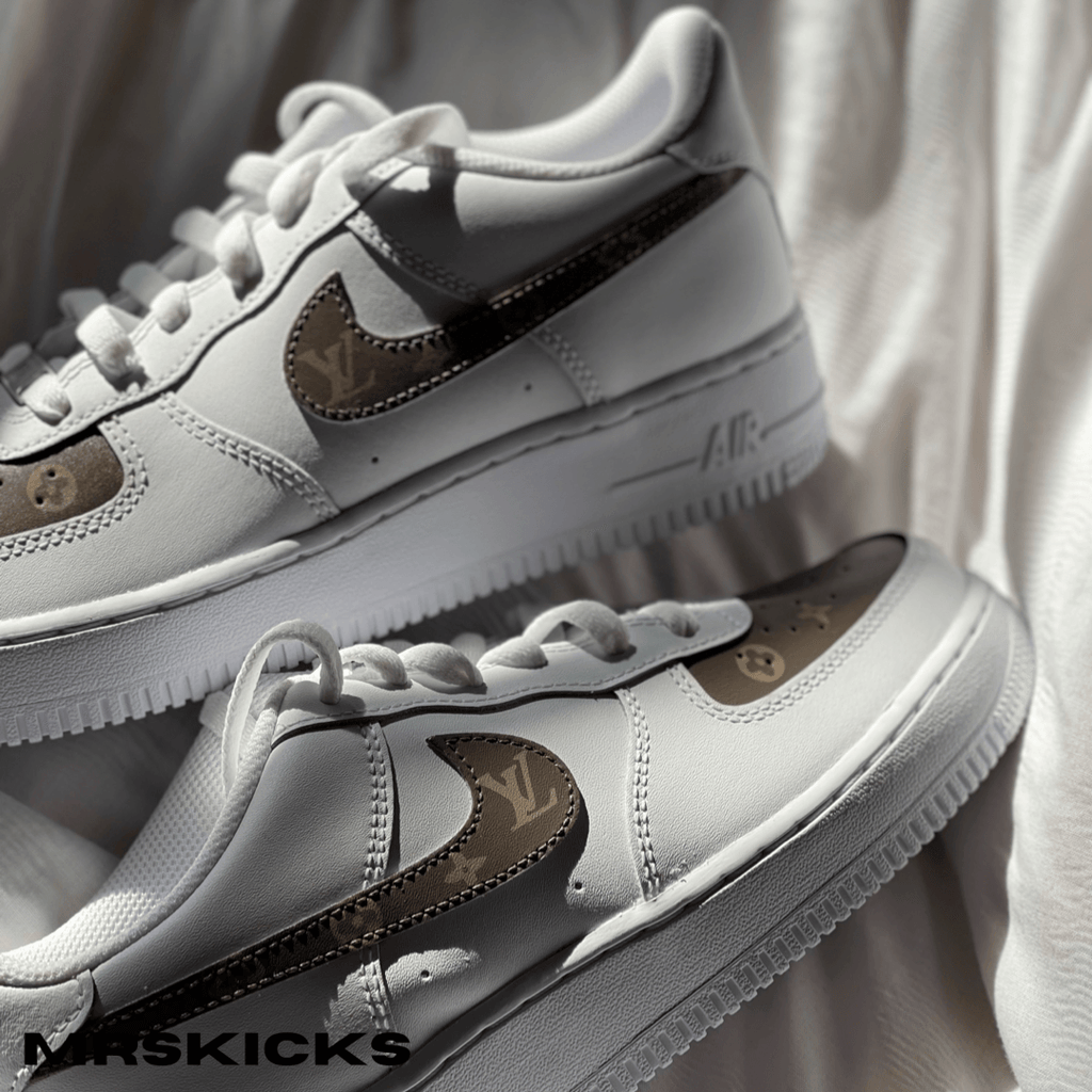 brown Louis vuitton custom airforces custom lv airforce 1 shadow , beige lv airforce 1 , customised sneakers , custom lv shoes, personalized shoes 