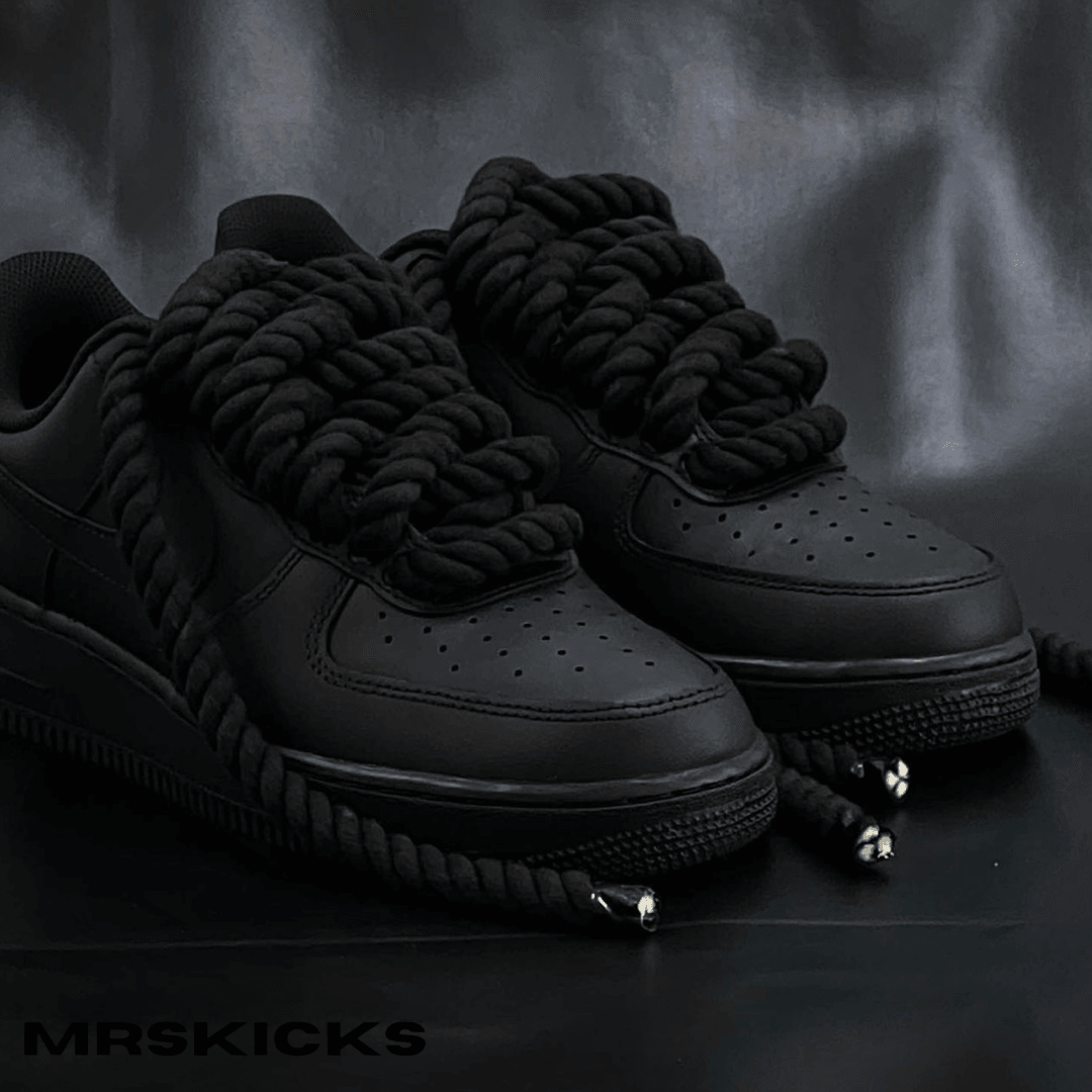 All Black Af1 with Rope Laces (White Also Available) Preschool 2 Youth / Black with Black Rope Laces